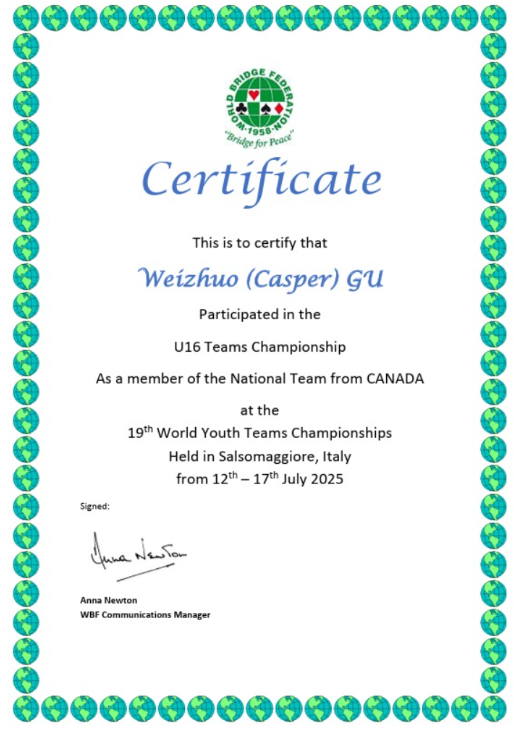 WBF certificate for Casper Gu at the 2025 World Youth Teams Championships